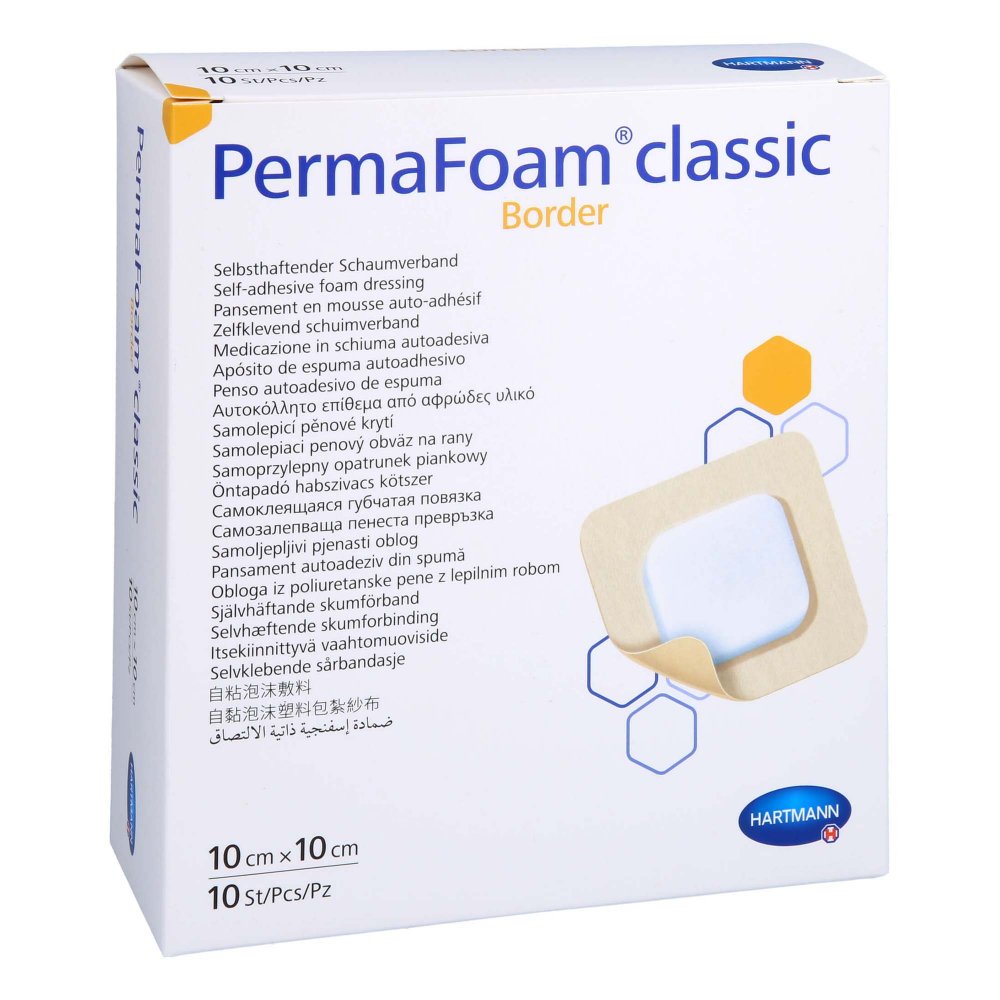 Das Produktfoto zeigt Permafoam Classic Border Schaumverband 10x10 Cm (10 stk) PZN 15744597