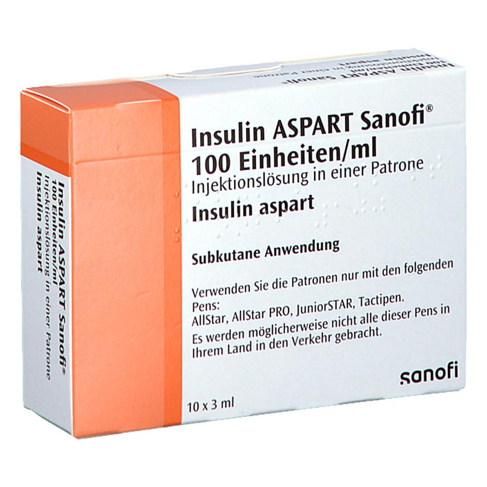Das Produktfoto zeigt Insulin Aspart Sanofi 100 E/Ml Ilo I.E.Patrone (10X3 ml) PZN 15747176