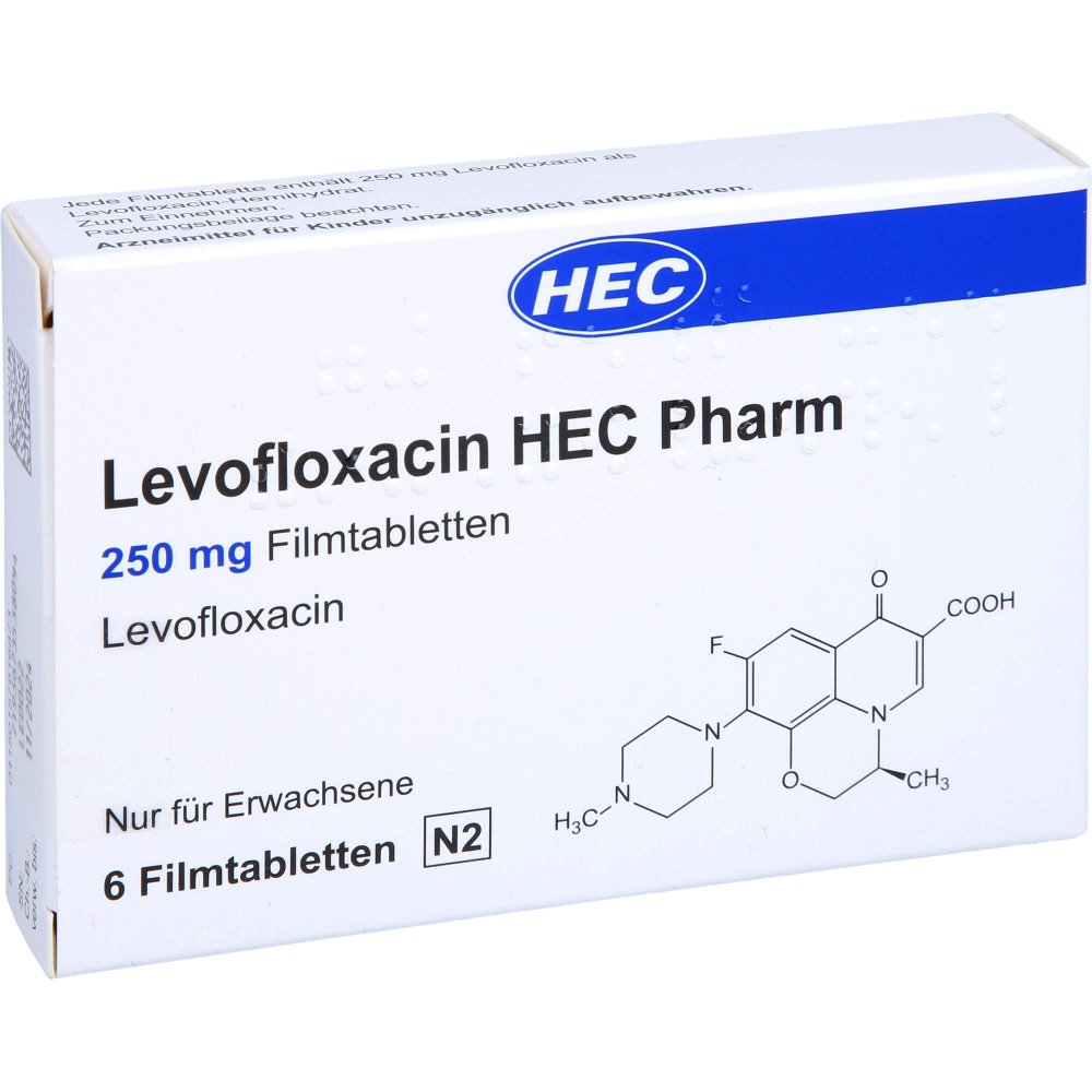 Das Produktfoto zeigt Levofloxacin Hec Pharm 250 Mg Filmtabletten (6 stk) PZN 15781687