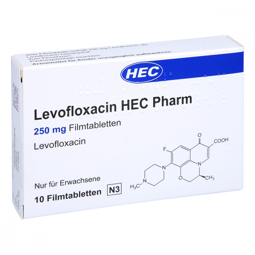 Das Produktfoto zeigt Levofloxacin Hec Pharm 250 Mg Filmtabletten (10 stk) PZN 15781693