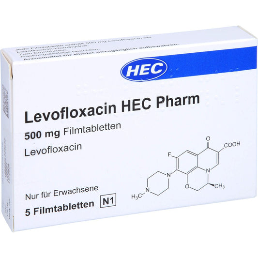 Das Produktfoto zeigt Levofloxacin Hec Pharm 500 Mg Filmtabletten (5 stk) PZN 15781701
