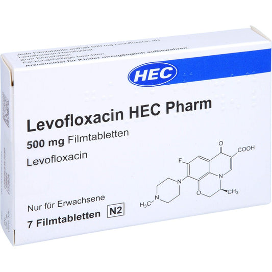 Das Produktfoto zeigt Levofloxacin Hec Pharm 500 Mg Filmtabletten (7 stk) PZN 15781718