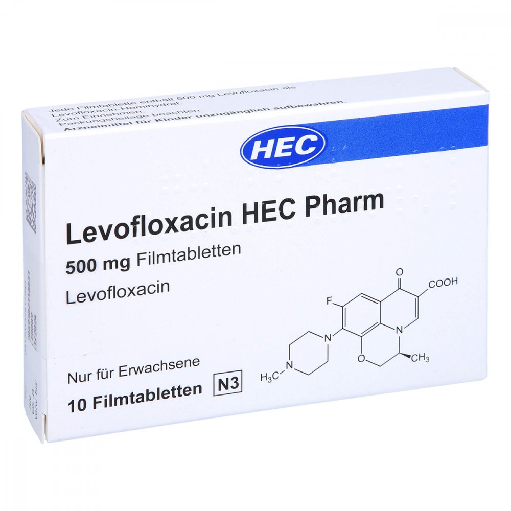 Das Produktfoto zeigt Levofloxacin Hec Pharm 500 Mg Filmtabletten (10 stk) PZN 15781724