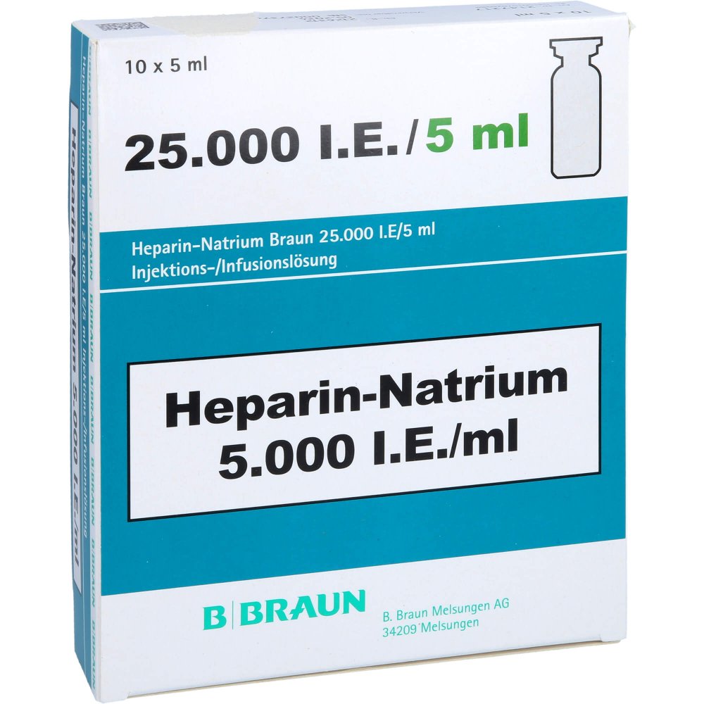 Das Produktfoto zeigt Heparin Natrium Braun 25.000 I.E./5ml Inj./Inf.-L. (10X5 ml) PZN 15782698