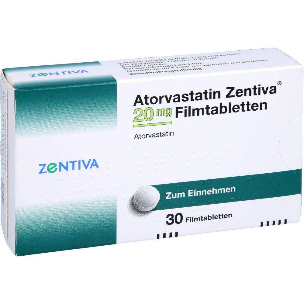 Das Produktfoto zeigt Atorvastatin Zentiva 20 Mg Filmtabletten (30 stk) PZN 15784332