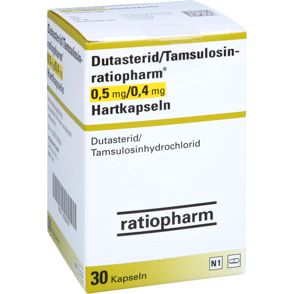 Das Produktfoto zeigt Dutasterid/Tamsulosin-Ratio 0,5mg/0,4mg Hartkaps. (30 stk) PZN 15785478