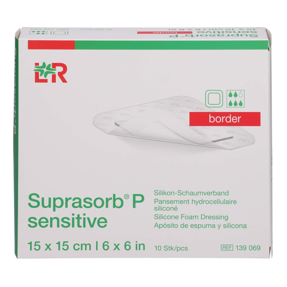 Das Produktfoto zeigt Suprasorb P Sensitive Pu-Schaumv.Border 15x15cm (10 stk) PZN 15786383