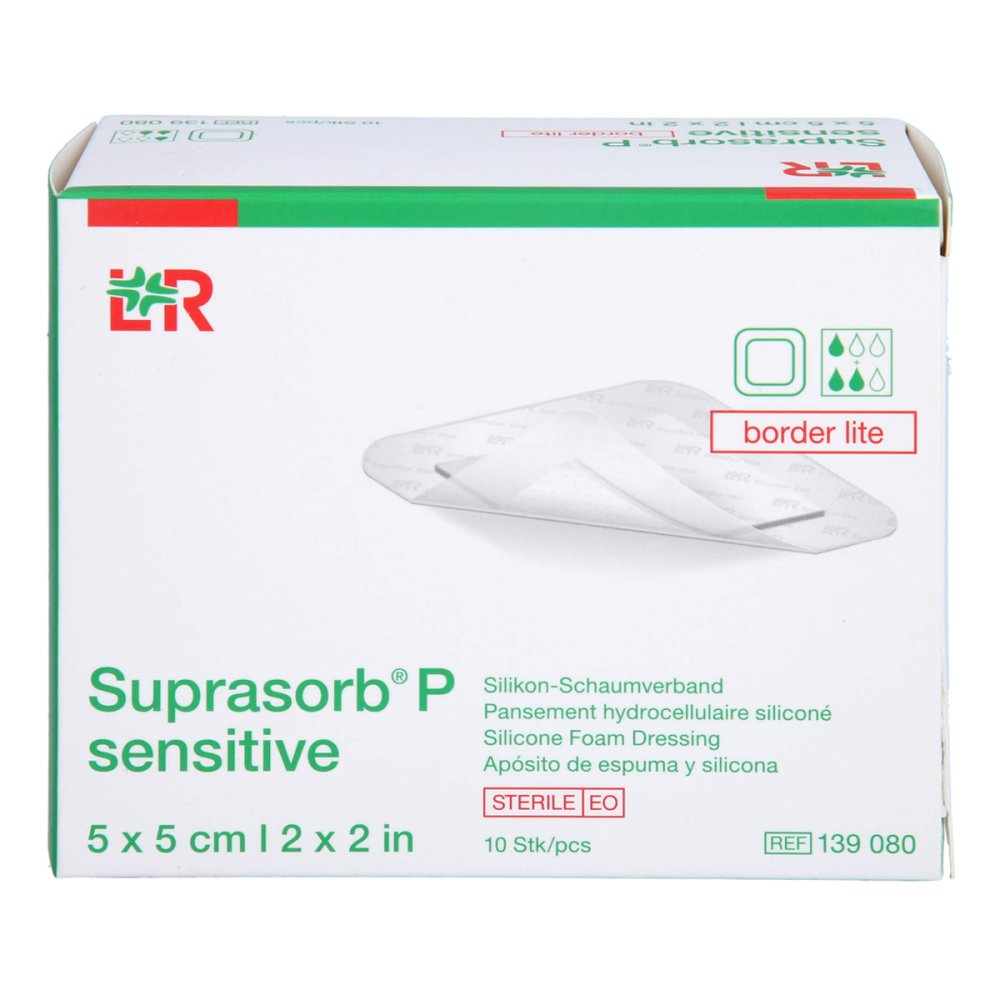 Das Produktfoto zeigt Suprasorb P Sensitive Pu-Schaumv.Bor.Lite 5x5cm (10 stk) PZN 15786414