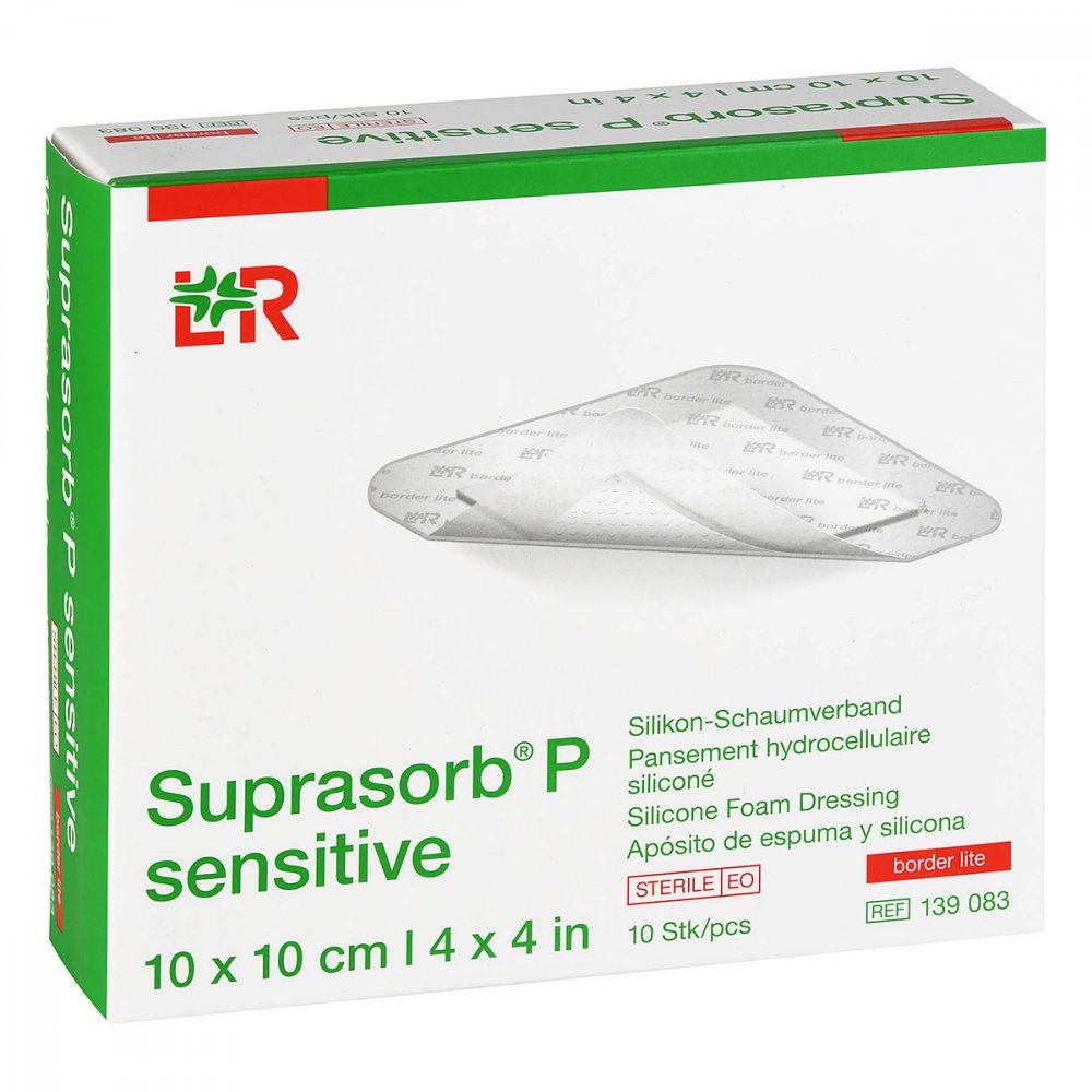 Das Produktfoto zeigt Suprasorb P Sensitive Pu-Schaumv.Bor.Lite 10x10cm (10 stk) PZN 15786437