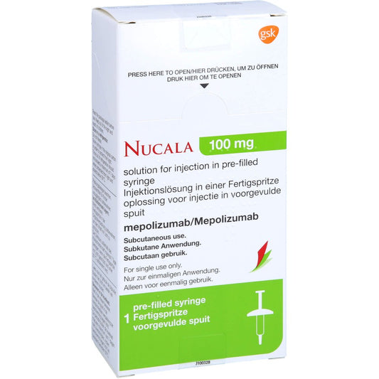Das Produktfoto zeigt Nucala 100 Mg Injektionslösung I.E.Fertigspritze (1X1 ml) PZN 15815860