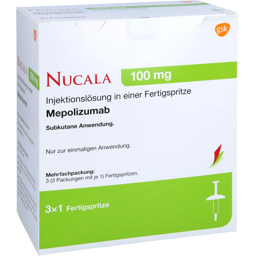 Das Produktfoto zeigt Nucala 100 Mg Injektionslösung I.E.Fertigspritze (3X1 ml) PZN 15815877