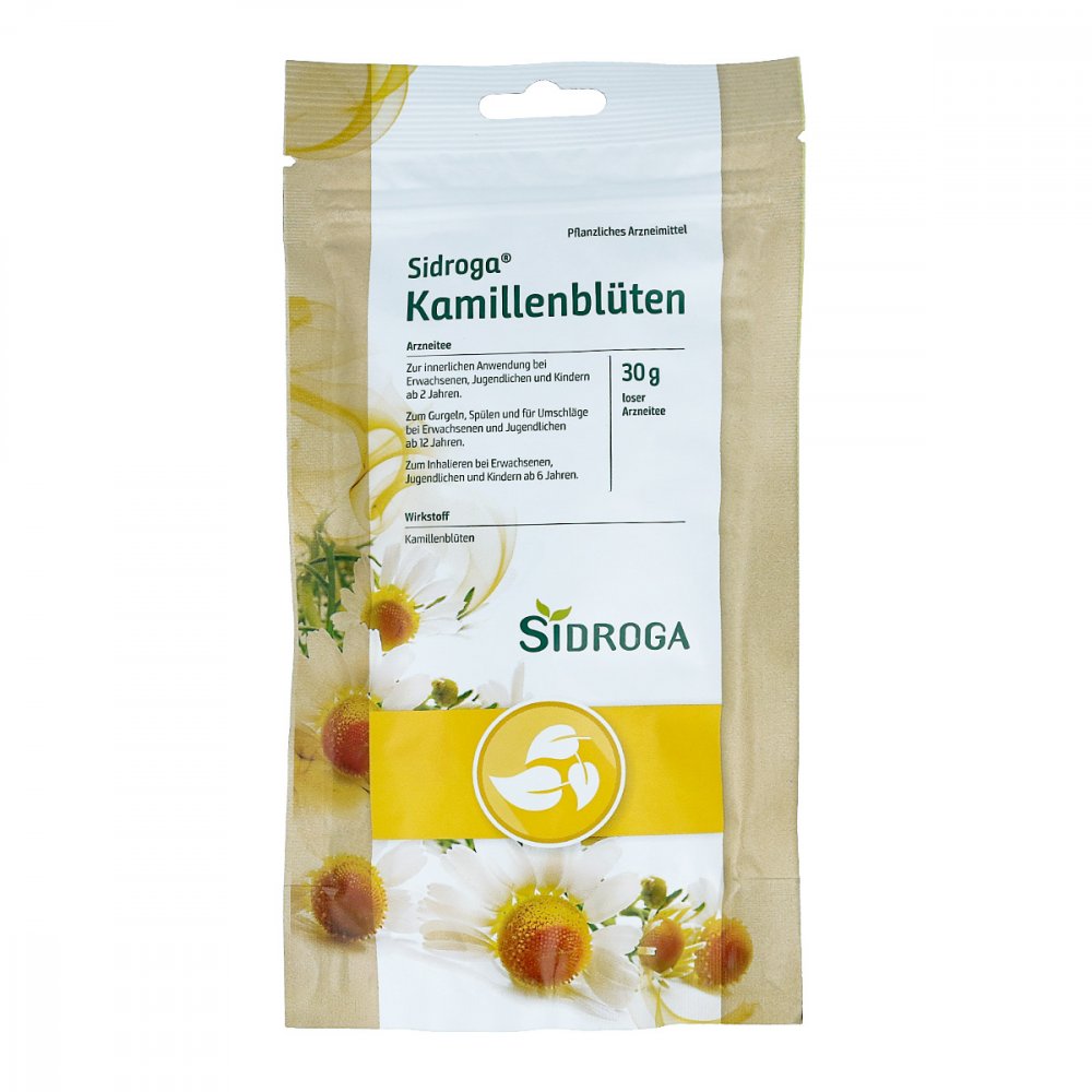 Das Produktfoto zeigt Sidroga Kamillenblüten Arzneitee Lose (30 g) PZN 15821062