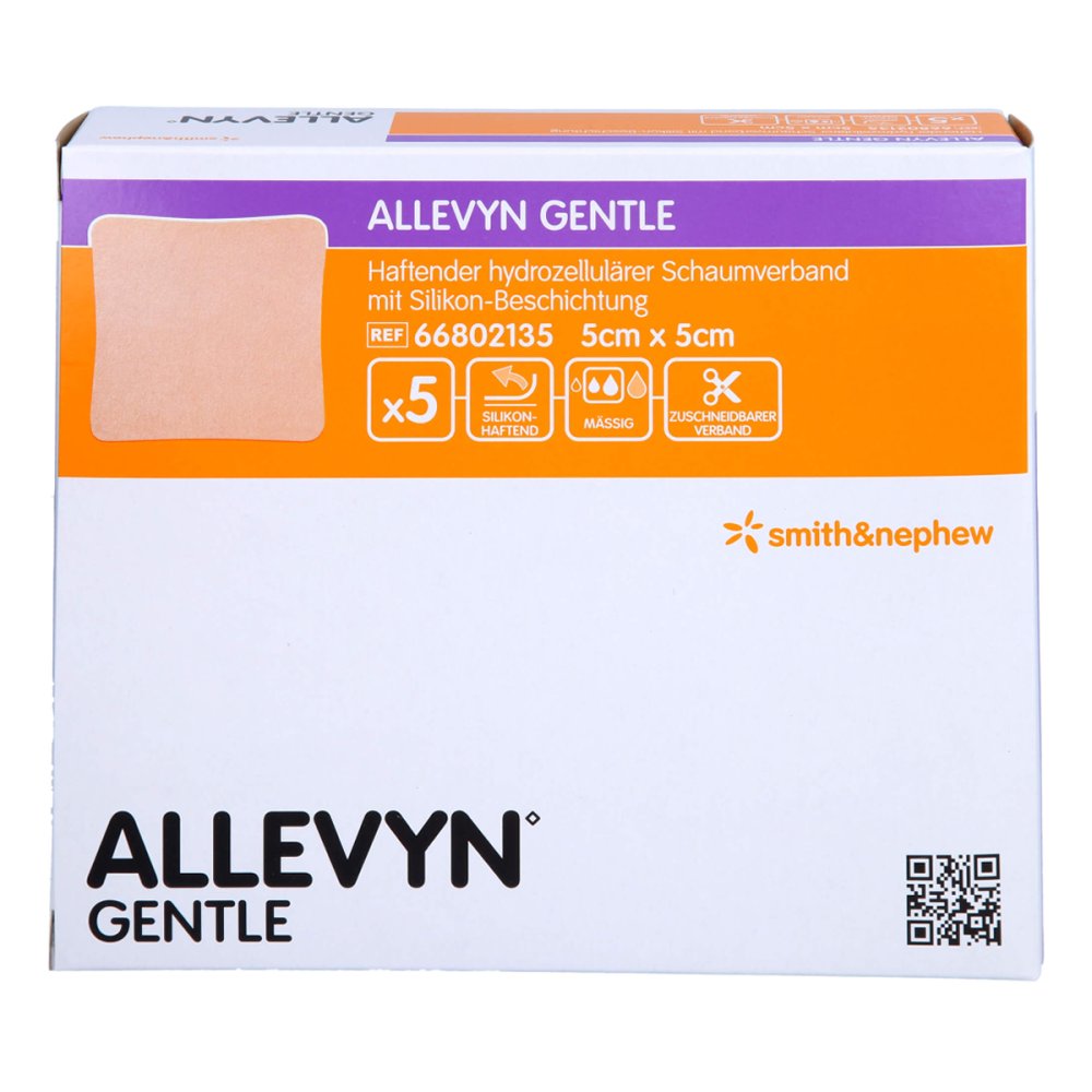 Das Produktfoto zeigt Allevyn Gentle 5x5 Cm Schaumverband (5 stk) PZN 15823428