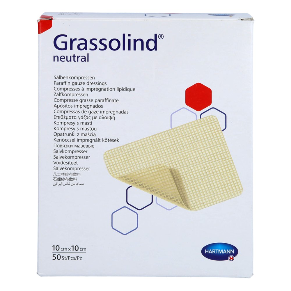 Das Produktfoto zeigt Grassolind Salbenkompressen 10x10 Cm Steril (50 stk) PZN 15824072