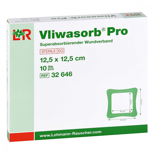 Das Produktfoto zeigt Vliwasorb Pro Superabsorb.Komp.Steril 12,5x12,5 Cm (10 stk) PZN 15824250