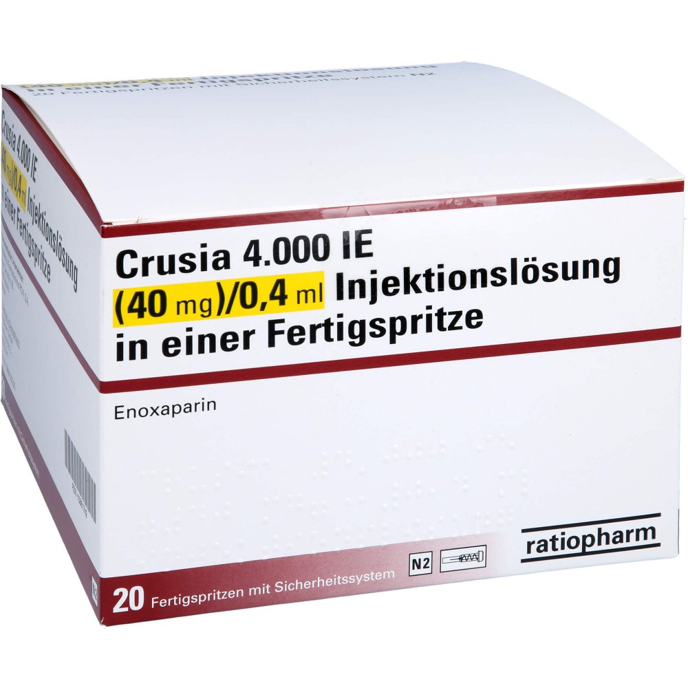 Das Produktfoto zeigt Crusia 4.000 I.E. 40 Mg/0,4 Ml Ilo F.Sp.+Sich-Sys. (20 stk) PZN 15861742