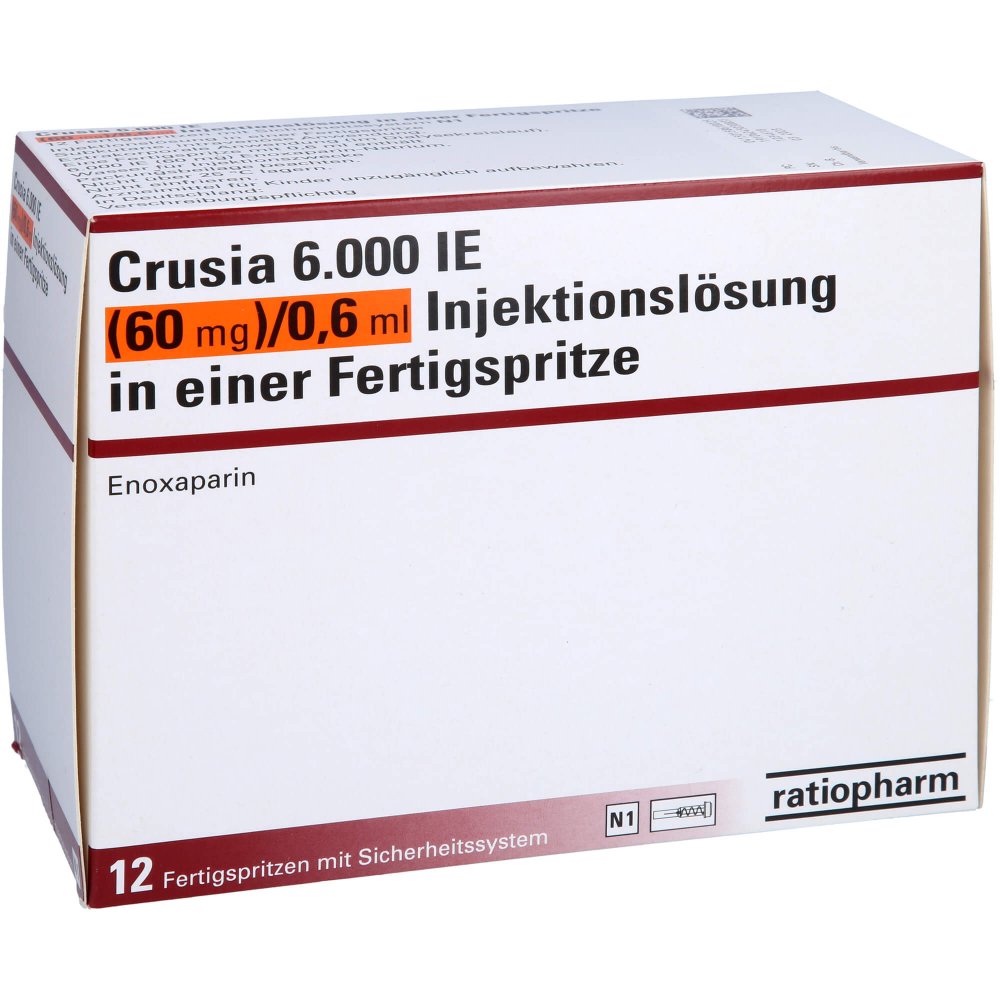Das Produktfoto zeigt Crusia 6.000 I.E. 60 Mg/0,6 Ml Ilo F.Sp.+Sich-Sys. (12 stk) PZN 15861802