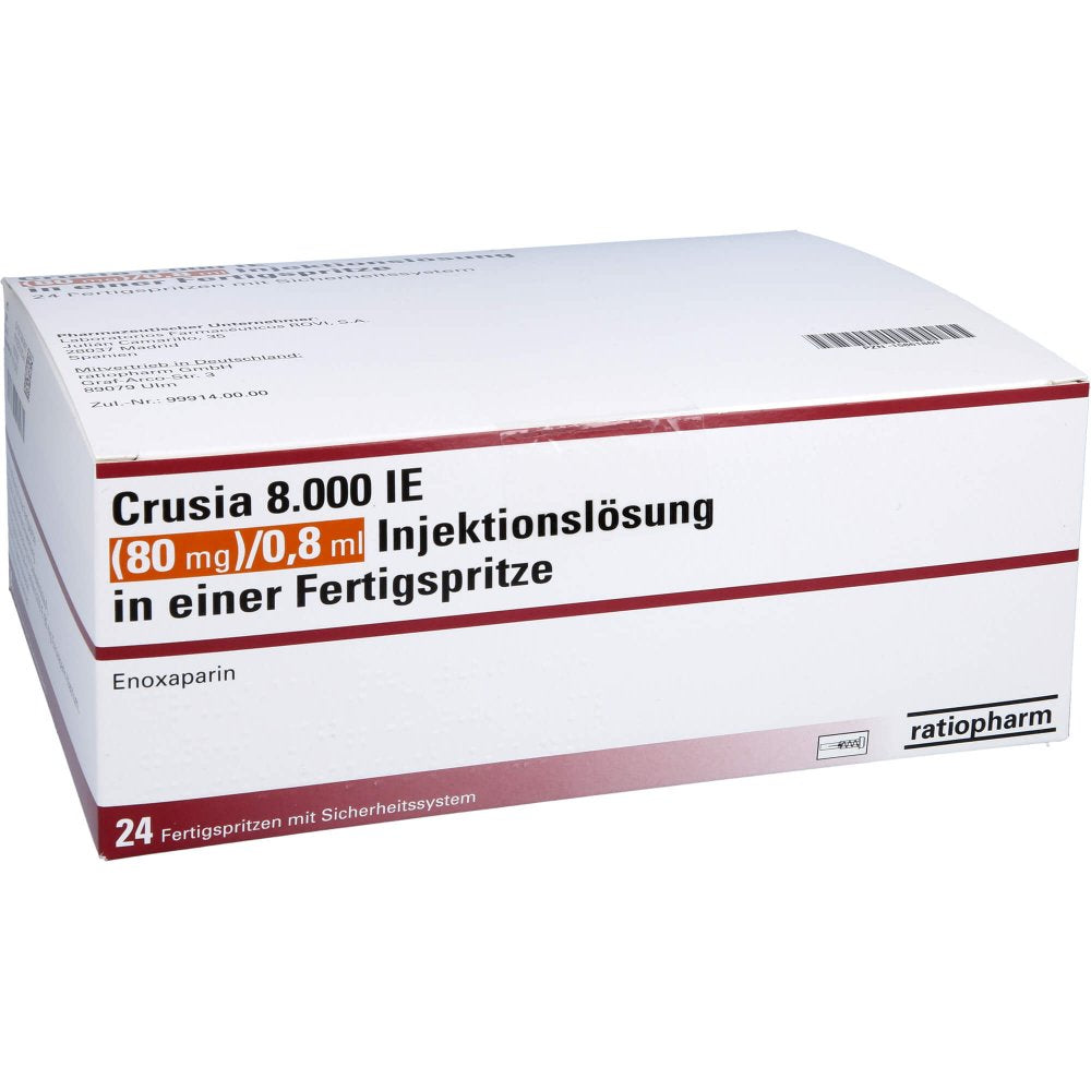 Das Produktfoto zeigt Crusia 8.000 I.E. 80 Mg/0,8 Ml Ilo F.Sp.+Sich-Sys. (24 stk) PZN 15861860
