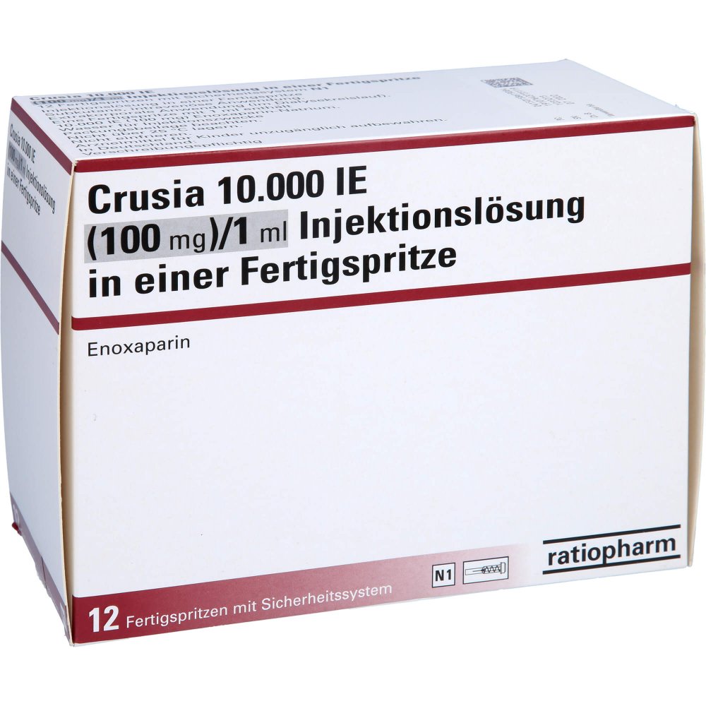 Das Produktfoto zeigt Crusia 10.000 I.E. 100 Mg/1 Ml Ilo F.Sp.+Sich-Sys. (12 stk) PZN 15861908