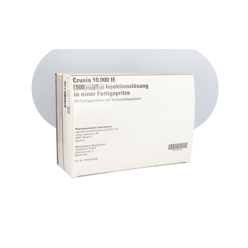 Das Produktfoto zeigt Crusia 10.000 I.E. 100 Mg/1 Ml Ilo F.Sp.+Sich-Sys. (24 stk) PZN 15861914