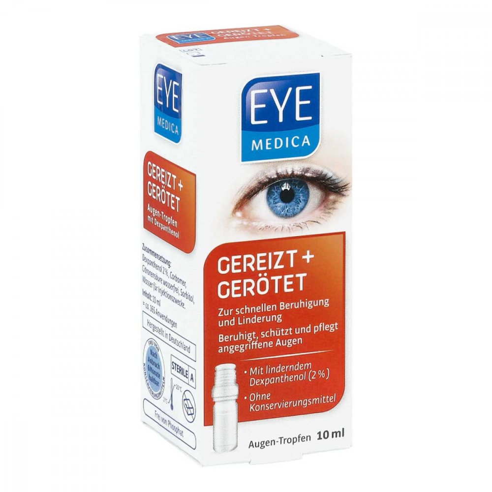 Das Produktfoto zeigt Eyemedica Gereizt+Gerötet Dexpanthenol Augentr. (1 stk) PZN 15862500