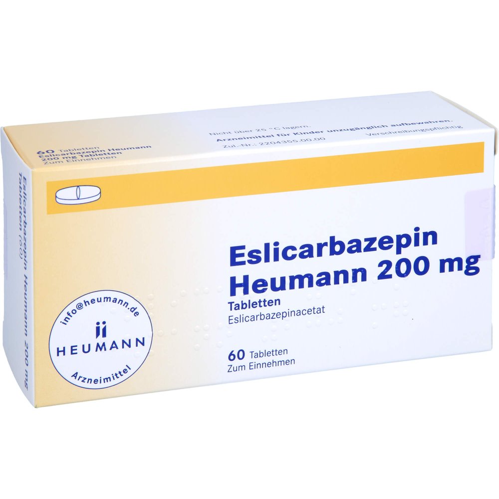 Das Produktfoto zeigt Eslicarbazepin Heumann 200 Mg Tabletten (60 stk) PZN 15862670