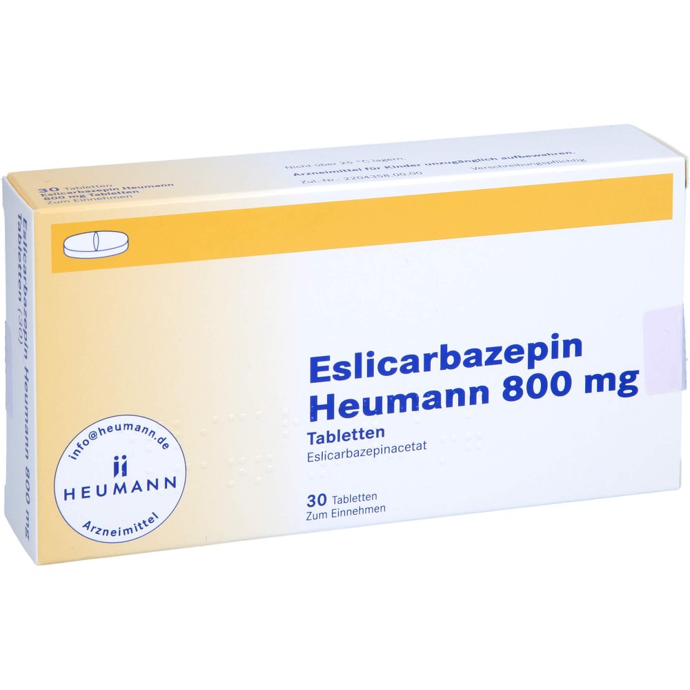 Das Produktfoto zeigt Eslicarbazepin Heumann 800 Mg Tabletten (30 stk) PZN 15862701