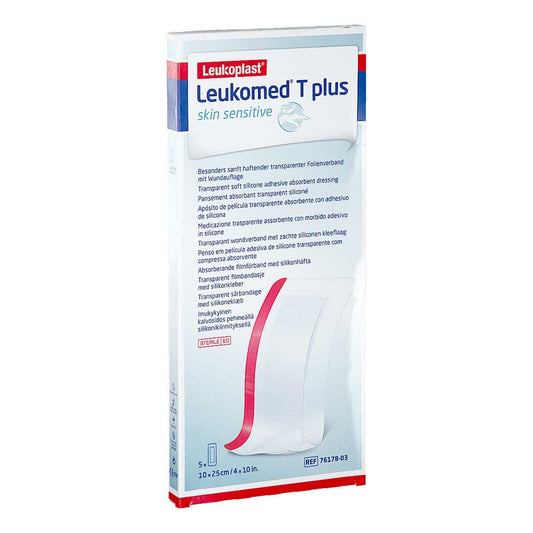 Das Produktfoto zeigt Leukomed T Plus Skin Sensitive Steril 10x25 Cm (5 stk) PZN 15862919