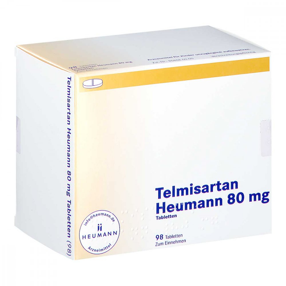 Das Produktfoto zeigt Telmisartan Heumann 80 Mg Tabletten (98 stk) PZN 15864781