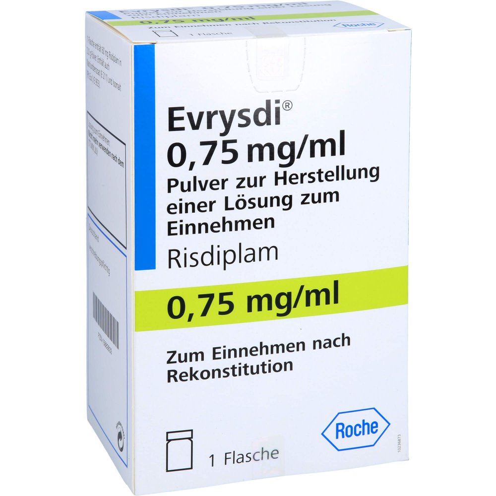 Das Produktfoto zeigt Evrysdi 0,75 Mg/Ml Plv.Z.H.E.L.Z.Einn.Ab 2 Monaten (1 stk) PZN 15882833