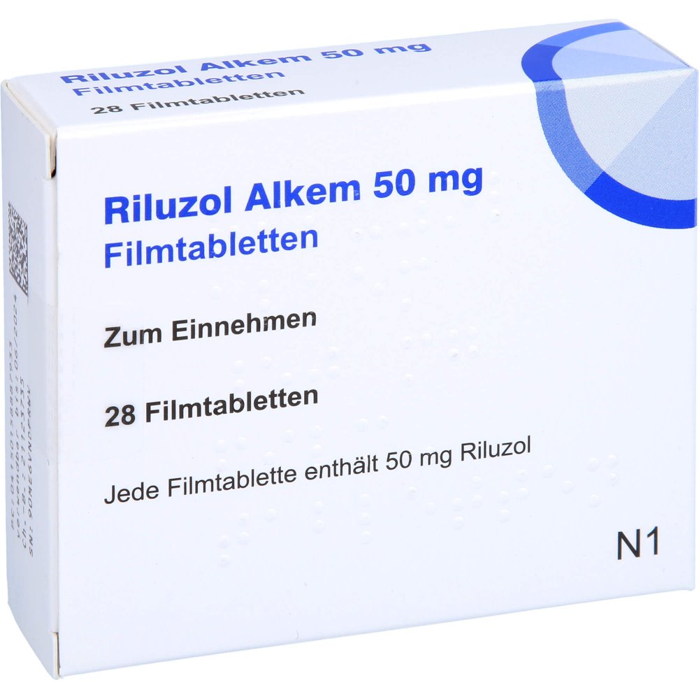 Das Produktfoto zeigt Riluzol Alkem 50 Mg Filmtabletten (28 stk) PZN 15888793