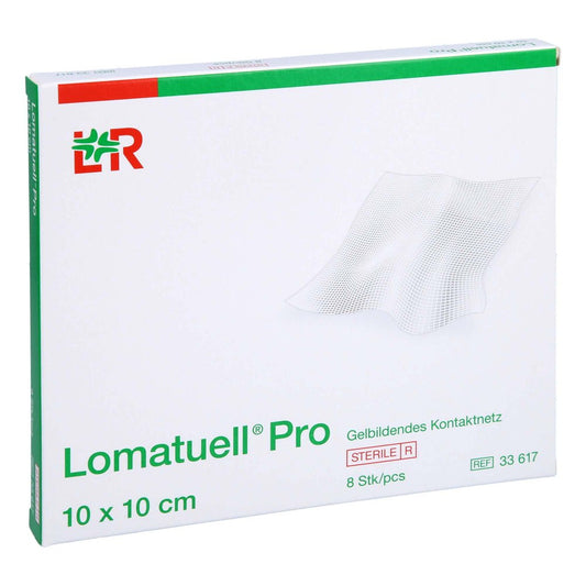 Das Produktfoto zeigt Lomatuell Pro 10x10 Cm Steril (8 stk) PZN 15998820