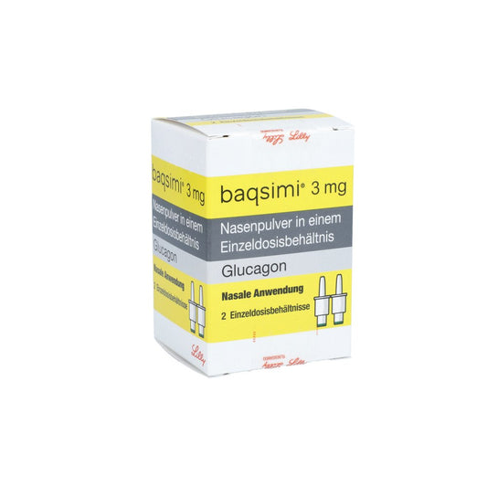 Das Produktfoto zeigt Baqsimi 3 Mg Nasenpulver I.E.Einzeldosisbehältnis (2X3 mg) PZN 15999021