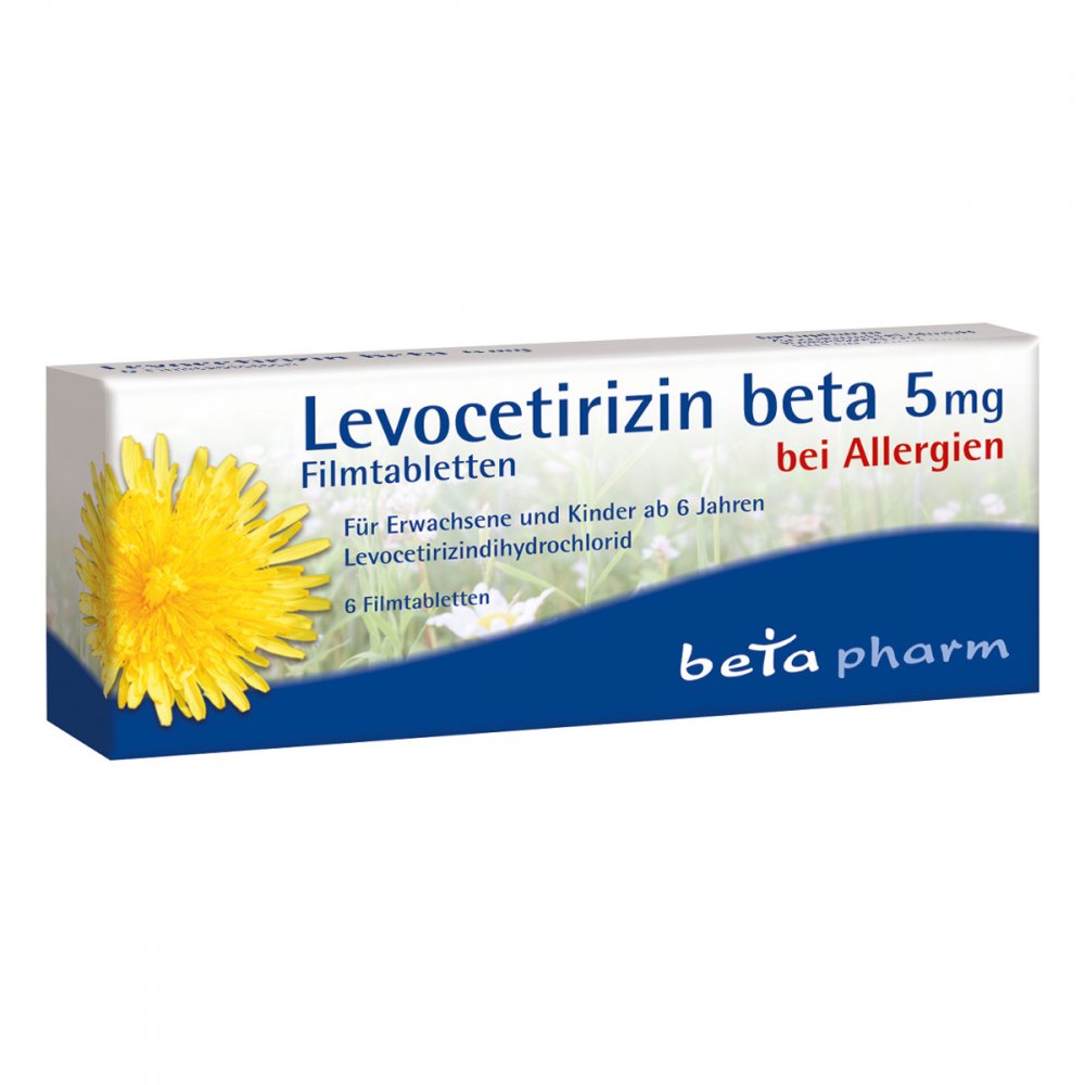 Das Produktfoto zeigt Levocetirizin Beta 5 Mg Filmtabletten (6 stk) PZN 16006192