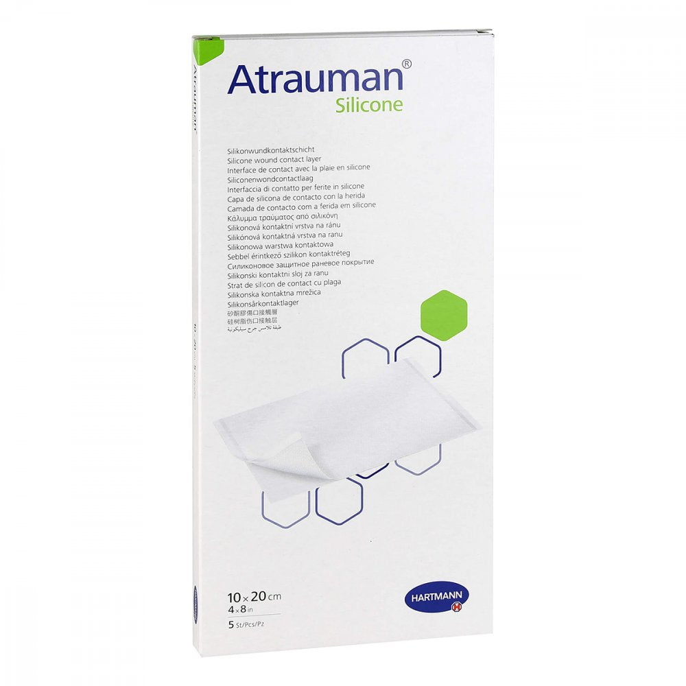 Das Produktfoto zeigt Atrauman Silicone Steril 10x20 Cm Kompressen (5 stk) PZN 16007530