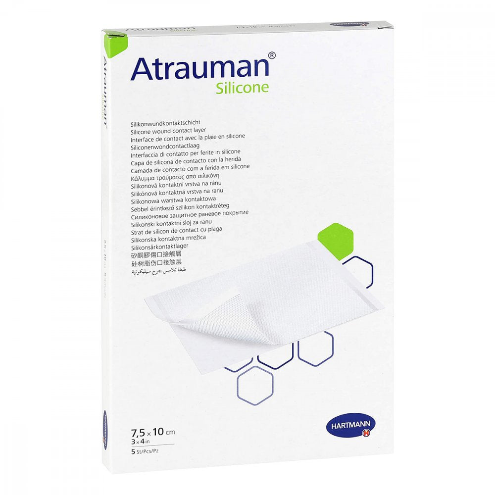 Das Produktfoto zeigt Atrauman Silicone Steril 7,5x10 Cm Kompressen (5 stk) PZN 16007547
