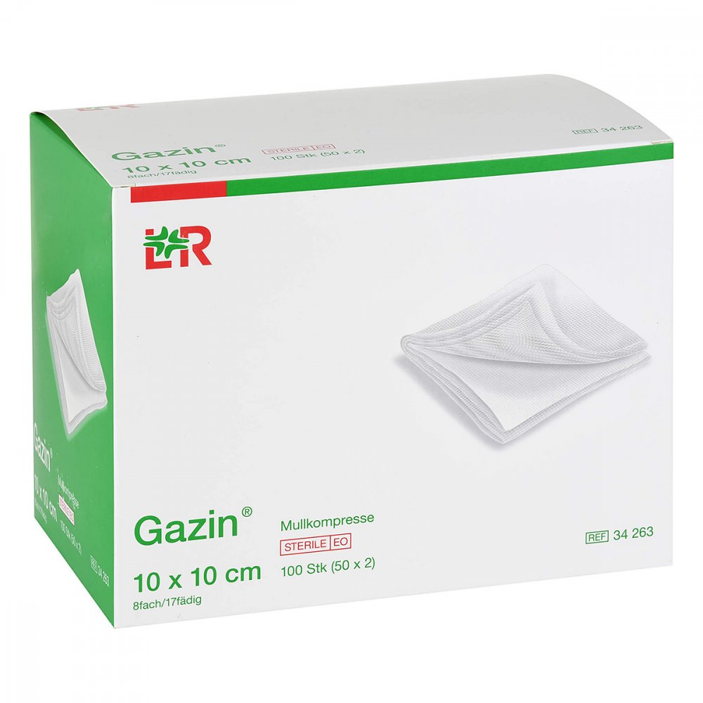 Das Produktfoto zeigt Gazin Mullkomp.10x10 Cm Steril 8fach (50X2 stk) PZN 16007582