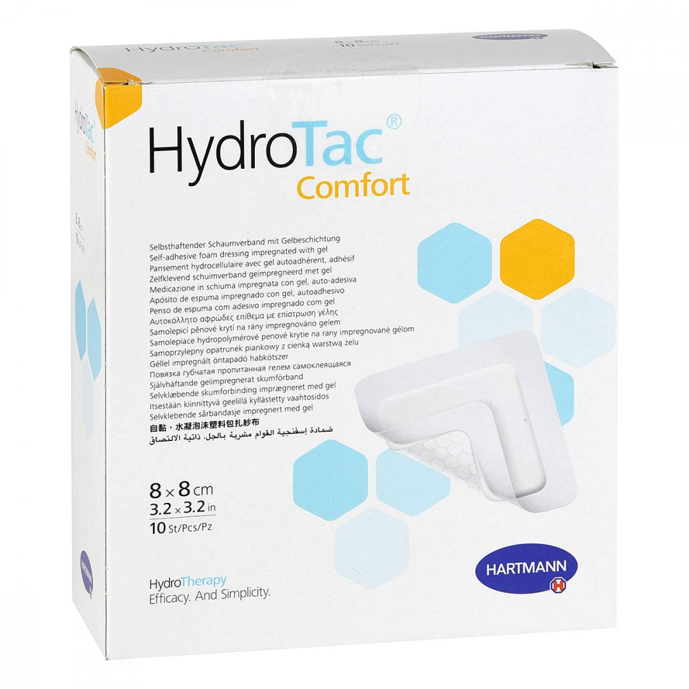 Das Produktfoto zeigt Hydrotac Comfort Schaumverband 8x8 Cm Steril (10 stk) PZN 16007671