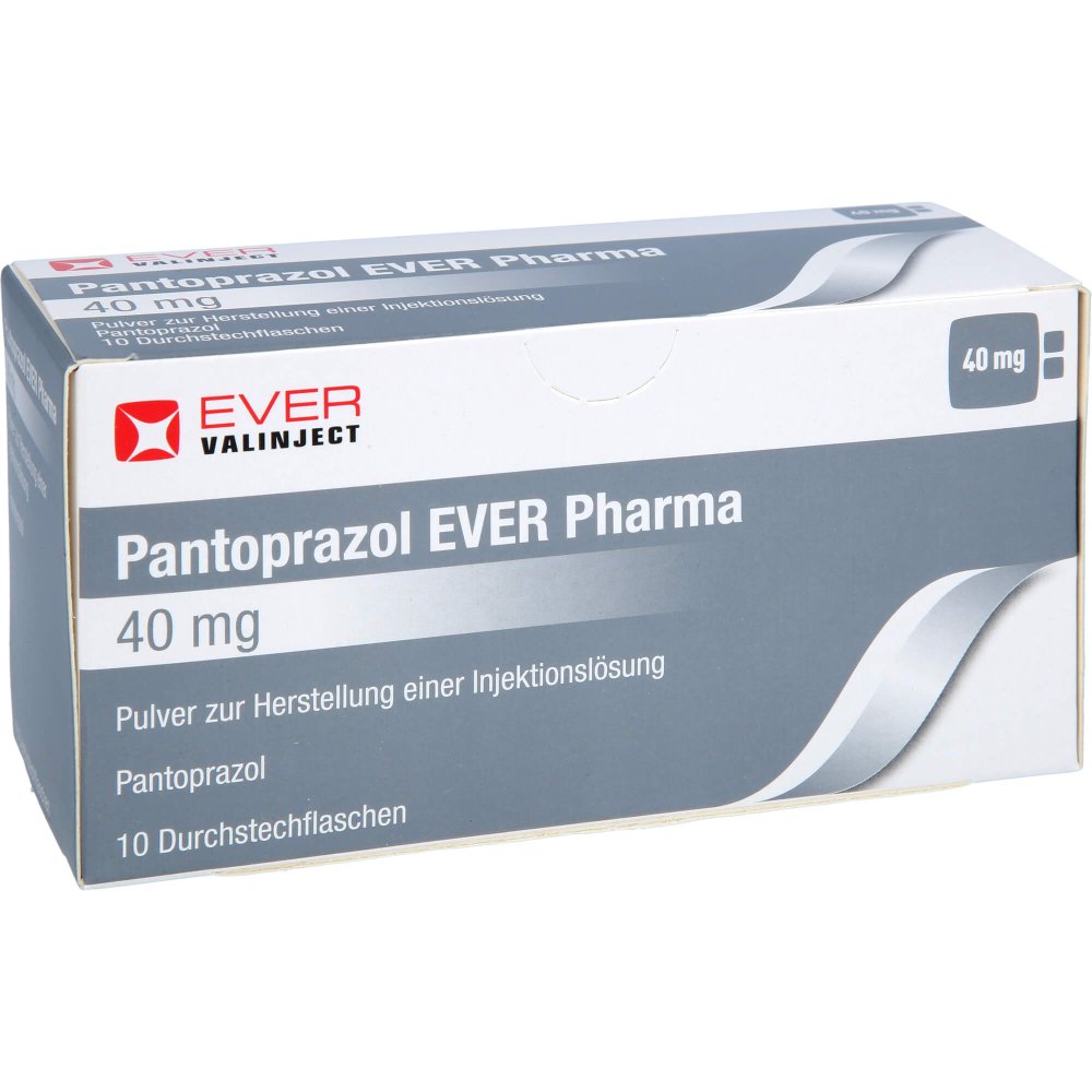 Das Produktfoto zeigt Pantoprazol Ever Pharma 40 Mg Plv.Z.H.E.Inj.-Lsg. (10 stk) PZN 16014033