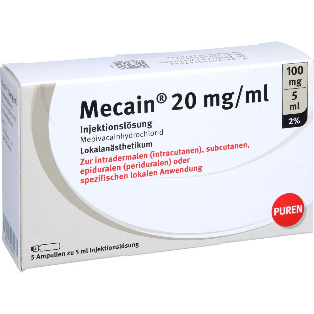 Das Produktfoto zeigt Mecain 2% 20 Mg/Ml Inj.L.100mg/5ml Luer-Lock Amp. (5X5 ml) PZN 16018798