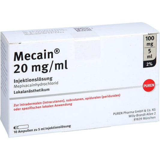 Das Produktfoto zeigt Mecain 2% 20 Mg/Ml Inj.L.100mg/5ml Luer-Lock Amp. (10X5 ml) PZN 16018806