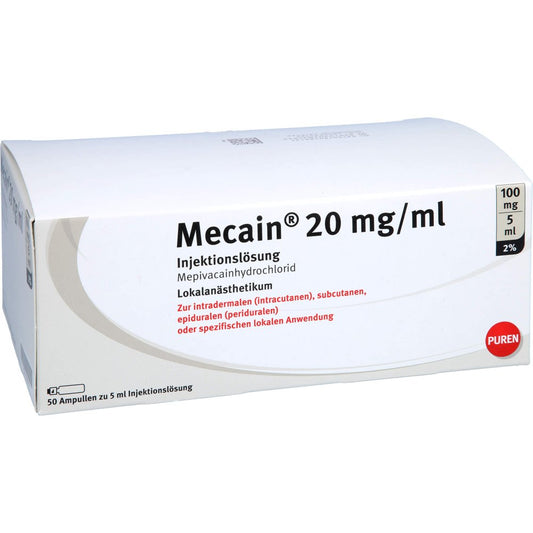 Das Produktfoto zeigt Mecain 2% 20 Mg/Ml Inj.L.100mg/5ml Luer-Lock Amp. (50X5 ml) PZN 16018812