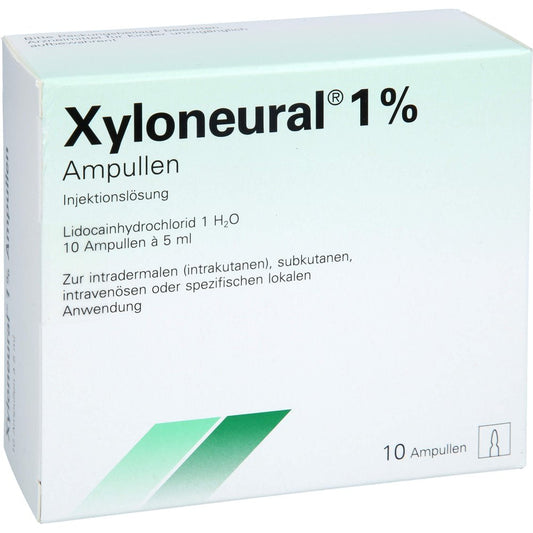 Das Produktfoto zeigt Xyloneural 1% Injektionslösung Ampulle (10X5 ml) PZN 16020683