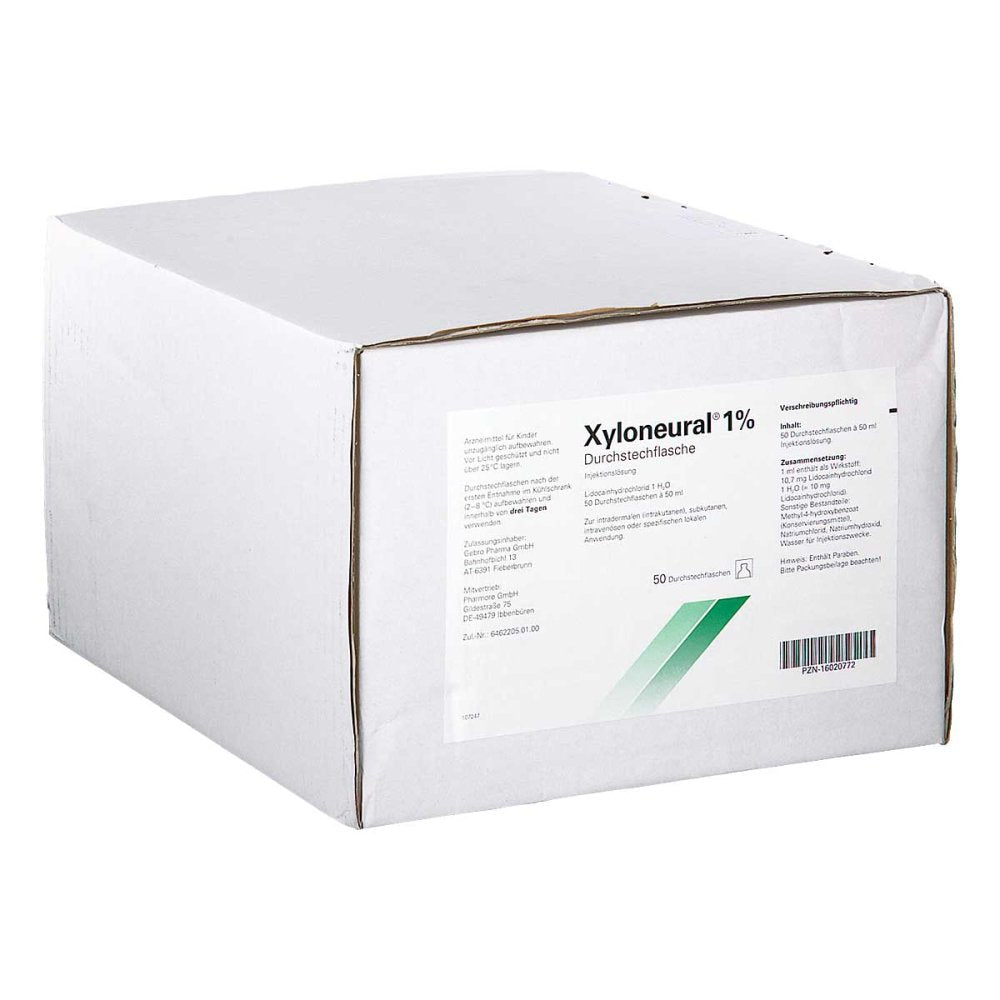 Das Produktfoto zeigt Xyloneural 1% Inj.-Lösung Durchstechflasche (50X50 ml) PZN 16020772