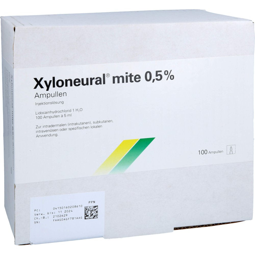 Das Produktfoto zeigt Xyloneural Mite 0,5% Injektionslösung Ampulle (100X5 ml) PZN 16020861