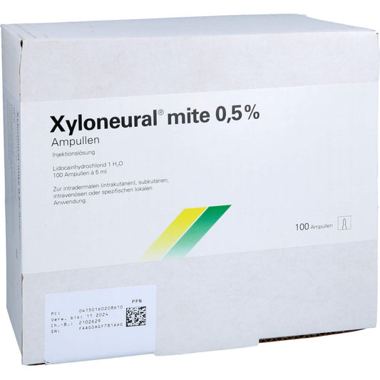 Das Produktfoto zeigt Xyloneural Mite 0,5% Injektionslösung Ampulle (100X5 ml) PZN 16020861