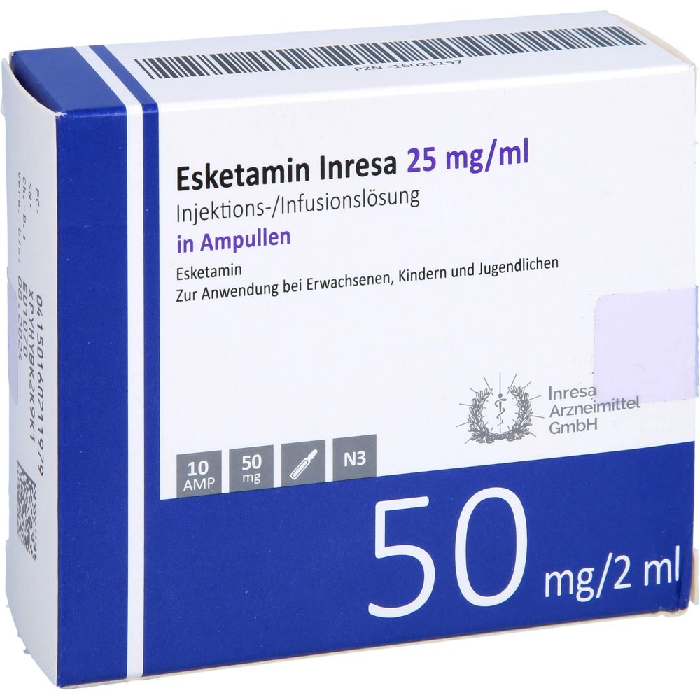 Das Produktfoto zeigt Esketamin Inresa 25 Mg/Ml Inj.-/Inf.-Lsg.Amp. (10X2 ml) PZN 16021197
