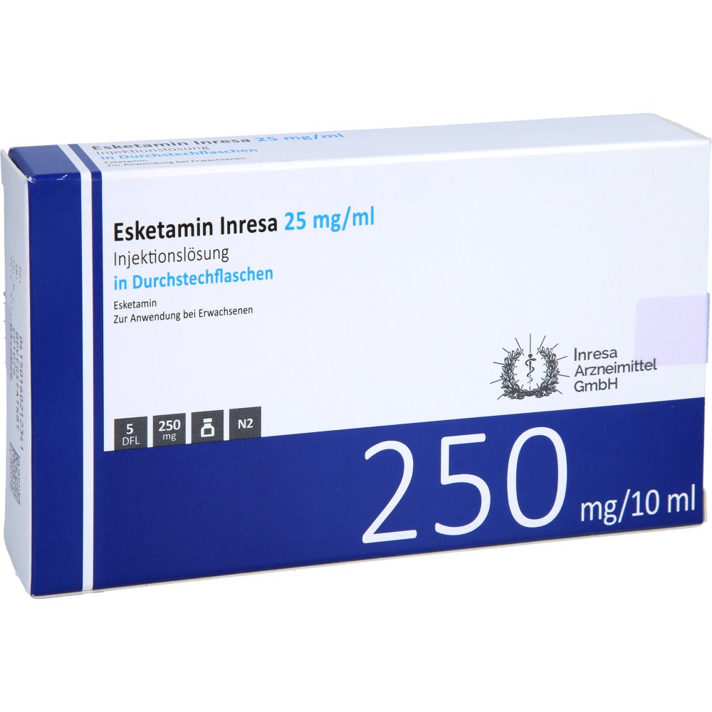 Das Produktfoto zeigt Esketamin Inresa 25 Mg/Ml Injektionslösung Dsfl. (5X10 ml) PZN 16021234
