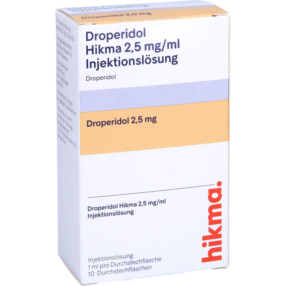 Das Produktfoto zeigt Droperidol Hikma 2,5 Mg/Ml Injektionslösung (10 stk) PZN 16023351