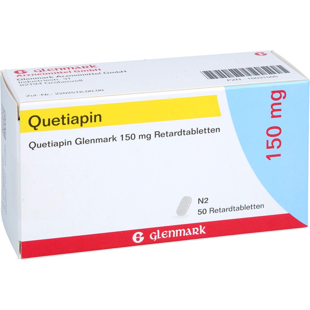 Das Produktfoto zeigt Quetiapin Glenmark 150 Mg Retardtabletten (50 stk) PZN 16031505